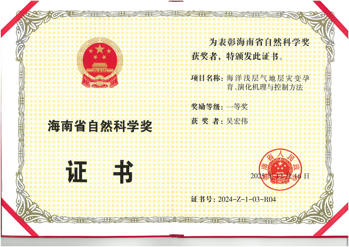 2024 Natural Science Award of Hainan Province (1st class)